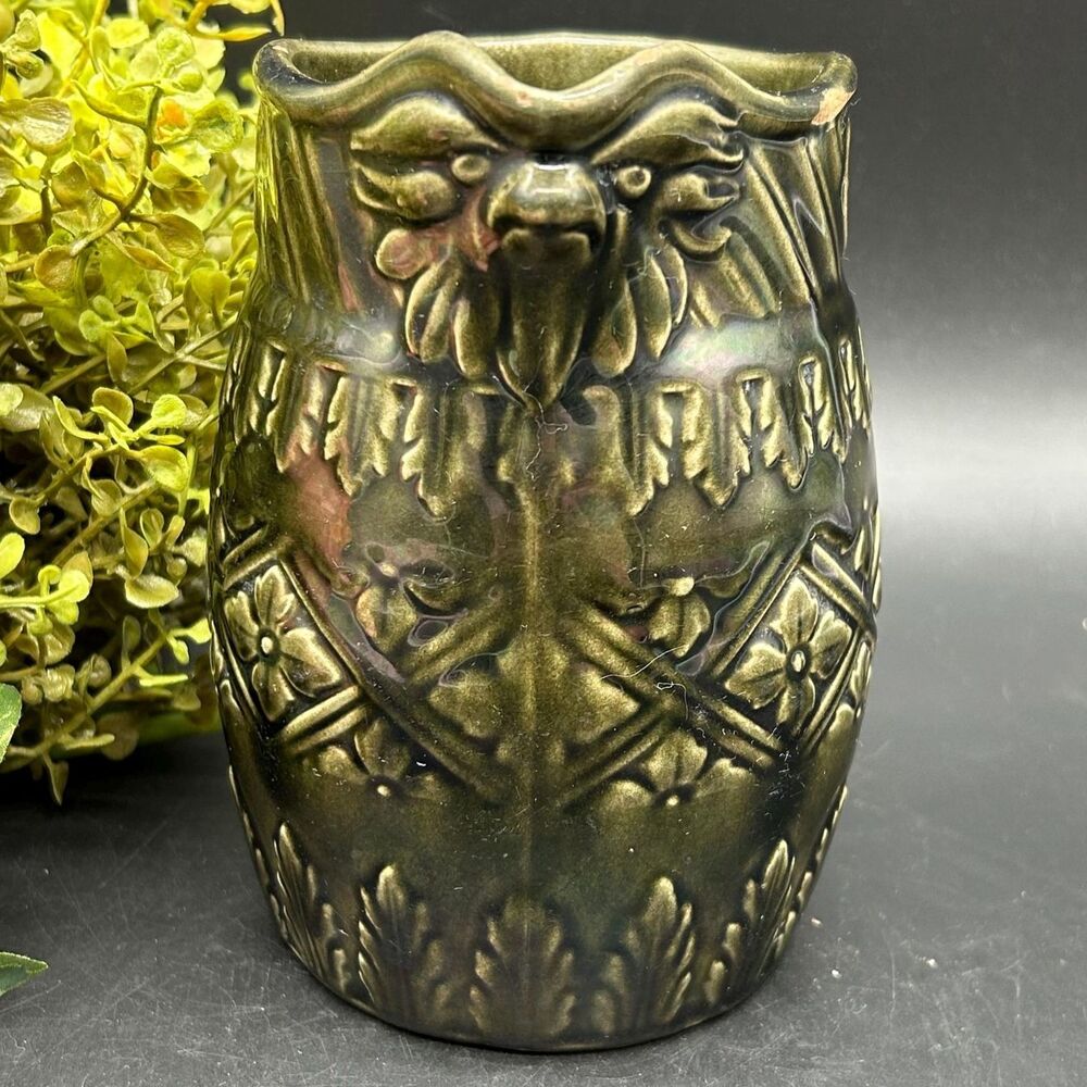 Antique Baltimore Yellow ware Green Eagle Bird  Pitcher
